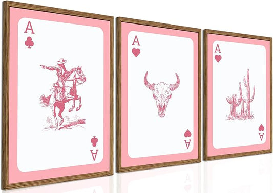 Set of 3 Western Cowgirl Wall Art Pink Bull Skull Wall Decor Painting Southwestern Playing Card Poster Canvas Prints Picture for Bedroom Living Room Wood Framed 16x24 inch