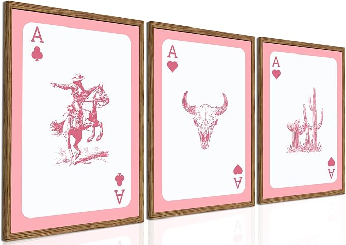 Set of 3 Western Cowgirl Wall Art Pink Bull Skull Wall Decor Painting Southwestern Playing Card Poster Canvas Prints Picture for Bedroom Living Room Wood Framed 12x16 inch