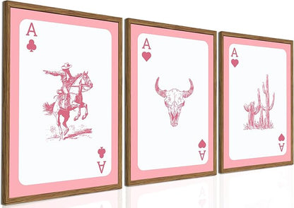 Set of 3 Western Cowgirl Wall Art Pink Bull Skull Wall Decor Painting Southwestern Playing Card Poster Canvas Prints Picture for Bedroom Living Room Wood Framed 12x16 inch