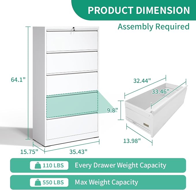 IKIMI 5 Drawer Lateral File Cabinets with Lock Office Filing Cabinet Steel Storage Cabinet Wide Horizontal Filing Metal Cabinets for Files Legal/Letter/A4 Size Assembly Required Assembly Required