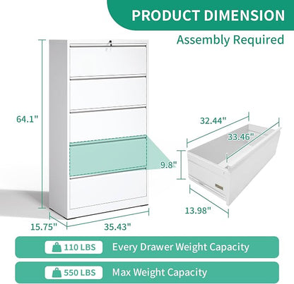 IKIMI 5 Drawer Lateral File Cabinets with Lock Office Filing Cabinet Steel Storage Cabinet Wide Horizontal Filing Metal Cabinets for Files Legal/Letter/A4 Size Assembly Required Assembly Required