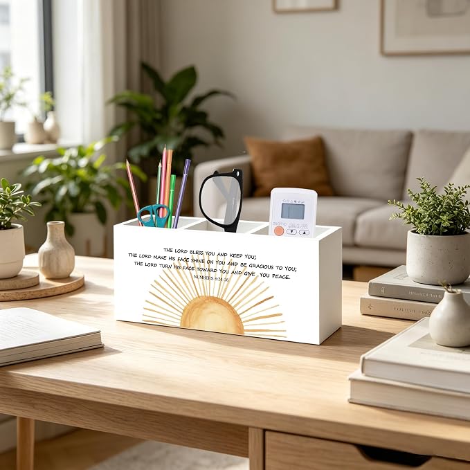 Boho Sunshine Christian Numbers 6:24-26 Pen Pencil Holder Organizer for Home Office Classroom Desk Accessories, Inspirational Bible Verse Religious Wood Signs for Desk Tabletop Decor