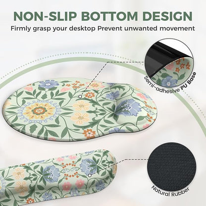 iCasso Desk Cover Mat, Gaming Mouse Pad Wrist Support Set,4in1 XXL Large Mousepad + Keyboard Wrist Rest+Mouse Wrist Rest+Coaster Set with Ergonomic Design for Home Office Table Computer(Green Flowers)