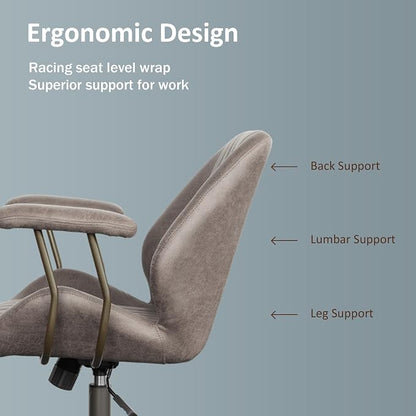 Mid Back Home Office Chair, Mid Century Modern Executive Chair, Comfy Ergonomic Rolling Office Desk Chair with Lumbar Support, Faux Leather Office Chair, Dark Gray