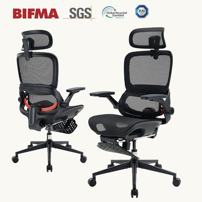 SIHOO B100 PRO Mesh Office Chair with Footrest, Ergonomic Office Chair with Adaptive Lumbar Support, Desk Chair with Wide Headrest, Computer Chair with 360° Rotatable Flip-Up Armrests, Light Black
