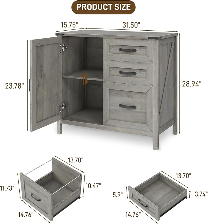 Halitaa Lateral File Cabinet with 3 Drawers, Farmhouse File Cabinet for Letter/A4 Size Hanging Files, Large Wood File Storage Cabinets Printer Stand for Home Office Furniture, Grey