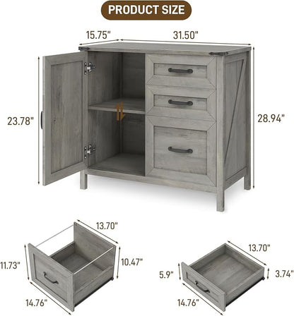 Halitaa Lateral File Cabinet with 3 Drawers, Farmhouse File Cabinet for Letter/A4 Size Hanging Files, Large Wood File Storage Cabinets Printer Stand for Home Office Furniture, Grey