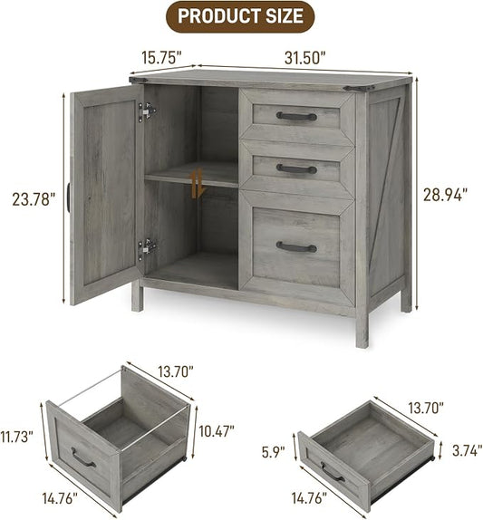 Halitaa Lateral File Cabinet with 3 Drawers, Farmhouse File Cabinet for Letter/A4 Size Hanging Files, Large Wood File Storage Cabinets Printer Stand for Home Office Furniture, Grey