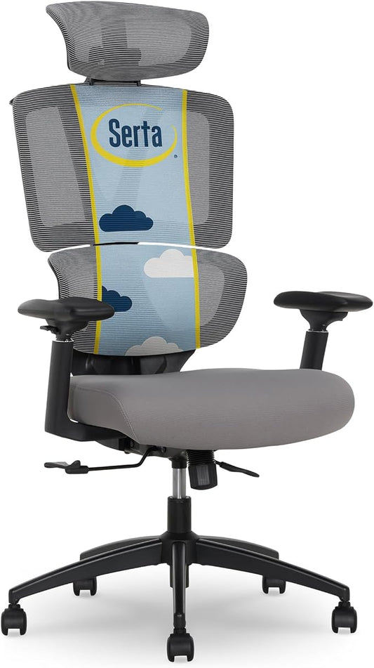 Serta AirHaven SX1200 Ergonomic Office Chair, High Back Mesh Desk Chair with Adjustable Headrest, Lumbar Support, 3D Armrests, ComfortCoils Seat, Swivel Computer Chair with Wheels, Gray