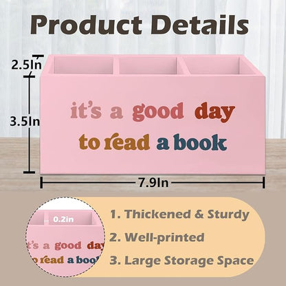 Pink Wooden Bookmark Pen Pencil Holder Decor for Desk, Book Lover Gifts, It's a Good Day to Read a Book Wood Makeup Brush Toothbrush Holder Organizer for Reading Corner Room Library