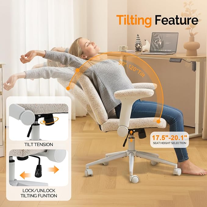 VINGLI Criss Cross Chair with Adjustable Flip-Up Arms,Cross Legged Chair with Wheels,Extra Wide Office Chair,Desk Chair for Home Office,Vanity,Bedroom, Apartment,Starry Chenille,White