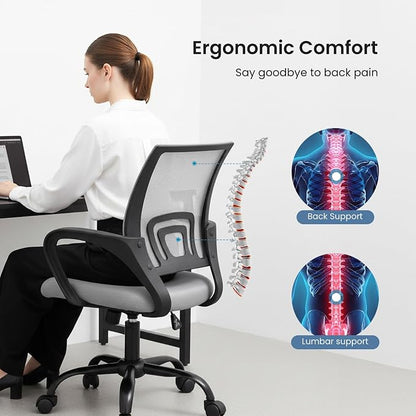 DUMOS Home Office Chair - Ergonomic Mid Back Mesh Desk Chair with Lumbar Support & Rocking Mode, Height Adjustable with Fixed Armrest, for Computer, Gaming, Meeting, 360° Swivel, Grey
