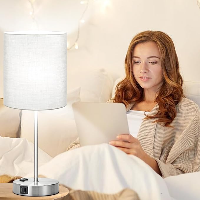 Set of 2 Grey Touch Control Table Lamps with 2 USB Ports & AC Outlet, 3-Way Dimmable Bedside Nightstand Lamps, Desk Lamp for Bedroom Living Room Nursery, 800 Lumens 5000K Daylight Bulbs Included