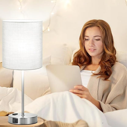 Set of 2 Grey Touch Control Table Lamps with 2 USB Ports & AC Outlet, 3-Way Dimmable Bedside Nightstand Lamps, Desk Lamp for Bedroom Living Room Nursery, 800 Lumens 5000K Daylight Bulbs Included