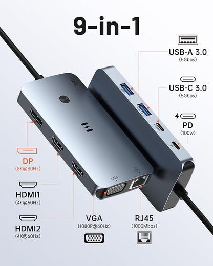USB C Docking Station Dual Monitor Adapter, Selore Laptop Docking Station 3 Monitors Quad Display with 2 HDMI, DP, VGA, Ethernet, 3 USB A&C 3.0, 100W PD, USB C Hub Dongle for DELL, HP and More