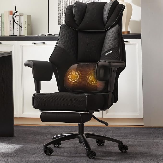 Dowinx Big and Tall Office Chair 400 Lbs with Rotating Massage Lumbar Support, Wide Thick Seat Cushion and Adjustable Armrest,Mesh Computer Gaming Chairs with Footrest,Black