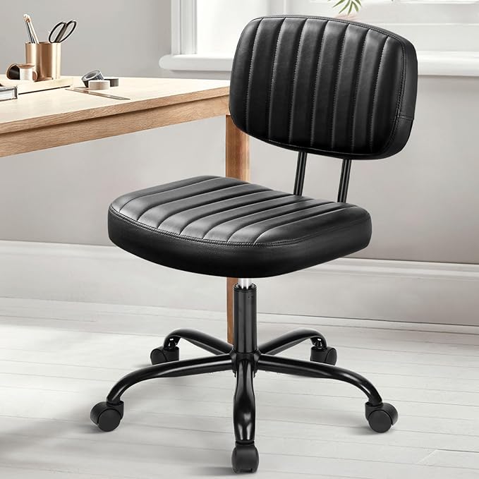 DUMOS Small Armless Home Desk Chair with Low Back Lumbar Support, Height Adjustable PU Leather Computer Task Chair with 360° Swivel Wheels, for Small Space, Adults, New Black