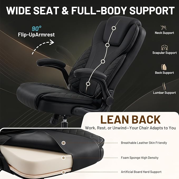 Ergonomic Office Chair, PU Leather High Back Executive Chair with Adjustable Inflatable Lumbar Support and Padded Flip-Up Arms, Recline Swivel Task Computer Chair for Home Office, Black