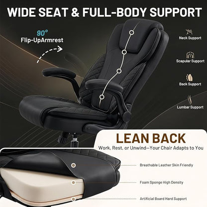 Ergonomic Office Chair, PU Leather High Back Executive Chair with Adjustable Inflatable Lumbar Support and Padded Flip-Up Arms, Recline Swivel Task Computer Chair for Home Office, Black