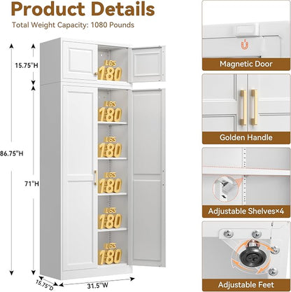 Polup Kitchen Pantry Cabinet, 86 Inch Tall Metal Storage Cabinet, Food Pantry cabinets with Doors and Shelves, White Storage Cabinets for Living Room, Dining, Office, Bathroom, Assembly Required