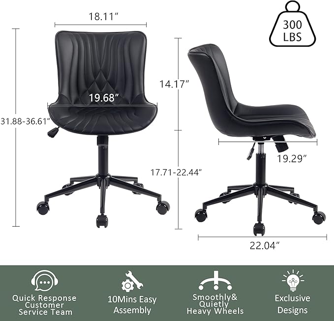 YOUTASTE Black Modern Office Chair, Armless Swivel PU Leather Desk Chair with Wheels, Height Adjustable Rolling Computer Chair with Metal Legs for Bedroom, Home Office, Study, or Vanity