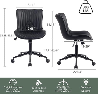 YOUTASTE Black Modern Office Chair, Armless Swivel PU Leather Desk Chair with Wheels, Height Adjustable Rolling Computer Chair with Metal Legs for Bedroom, Home Office, Study, or Vanity