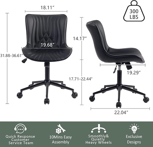 YOUTASTE Black Modern Office Chair, Armless Swivel PU Leather Desk Chair with Wheels, Height Adjustable Rolling Computer Chair with Metal Legs for Bedroom, Home Office, Study, or Vanity