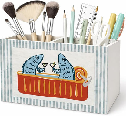 Funny Sardine Fish Pen Pencil Holder for Desk, Coastal Beach Office Decor, Blue Striped Fish Martini Pencil Holders Wooden Box Organizer for Home Bedroom Office Desk Tabletop