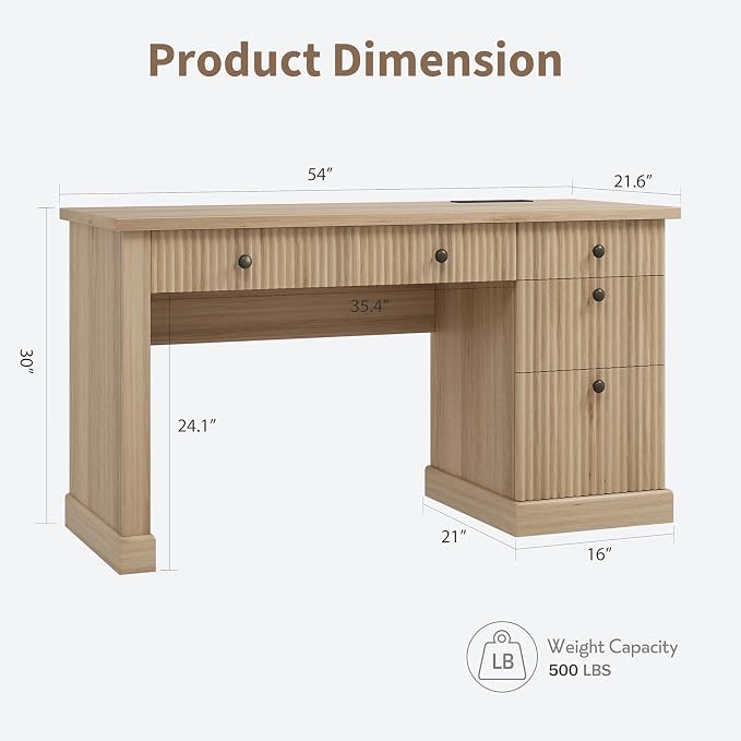 54" Executive Desk with Fluted Wave Board Design, Home Office Computer Desk with 3 Drawers and Storage Cabinet, Built-in USB Ports & Power Outlets, Modern Writing Table for Bedroom Natural Wood