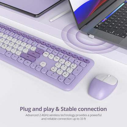 surmen Purple Keyboard and Mouse Wireless, Cute Wireless Typewriter, Full Size Slim Silent Round Keys Aesthetic Keyboard for Home and Office(Colorful Purple)