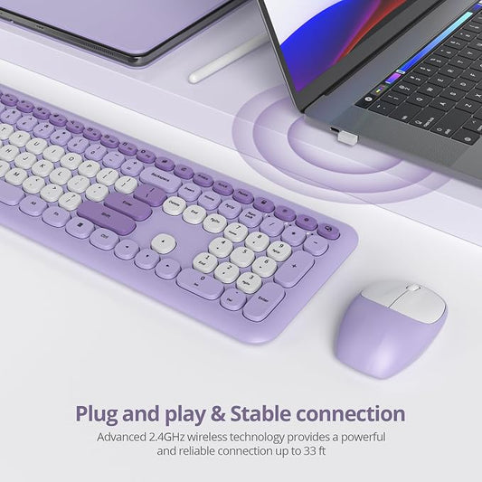 surmen Purple Keyboard and Mouse Wireless, Cute Wireless Typewriter, Full Size Slim Silent Round Keys Aesthetic Keyboard for Home and Office(Colorful Purple)