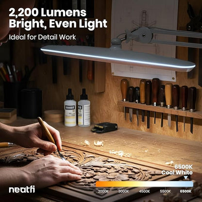 Neatfi XL 2,200 Lumens 24W LED Desk Lamp – 23” Wide Shade | Dimmable Eye-Caring Task Light | Adjustable Arm | Home Office, Study, Crafts & Nail Tech (White, Non-CCT with Clamp)