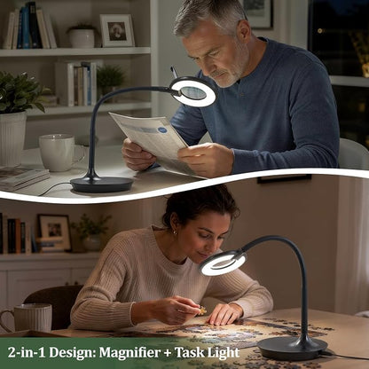 Magnifier Desk Lamp, Flexible Gooseneck, 2-in-1 Magnifying Glass 3X+6X Led Work Light for Elderly Reading, 3 Dimmable Office Magnifying Lamp, Hands Free Mag Desk Lamp for Crafts Sewing Needlepoint