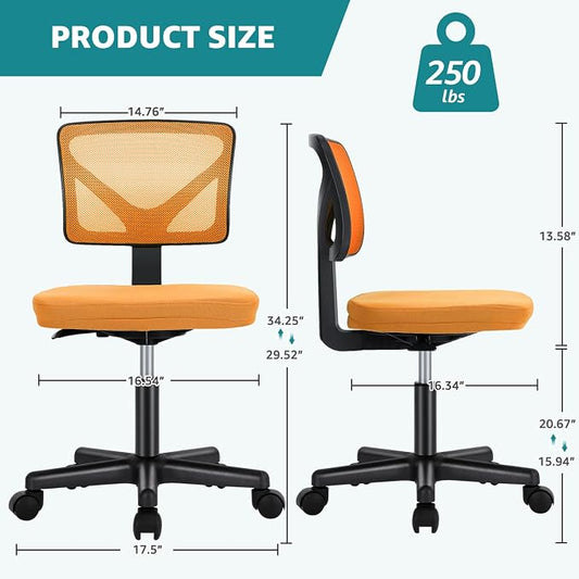 OLIXIS Ergonomic Armless Office Desk Chair with Wheels, Mesh Back, Removable Washable Foam Cushion, Height Adjustable Rolling Swivel Chairs for Small Space, Home, Office, Dark Orange