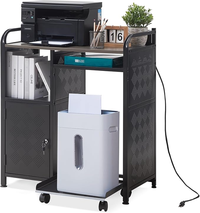 Lauren&Harold Large Printer Stand with Storage, Printer Cabinet with Paper Shredder Stand & PC Tower Stand with Wheels, Printer Table with Socket and USB Charging Port for Home Office
