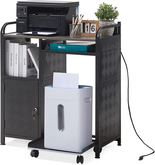 Lauren&Harold Large Printer Stand with Storage, Printer Cabinet with Paper Shredder Stand & PC Tower Stand with Wheels, Printer Table with Socket and USB Charging Port for Home Office