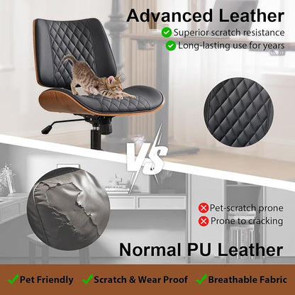 Armless Office Chair with Wheels, Ergonomic Leather Chair, Mid Back 360 Swivel Computer Chair, Modern Walnut Desk Chair for Small Space, Reading, Meeting Room, Black