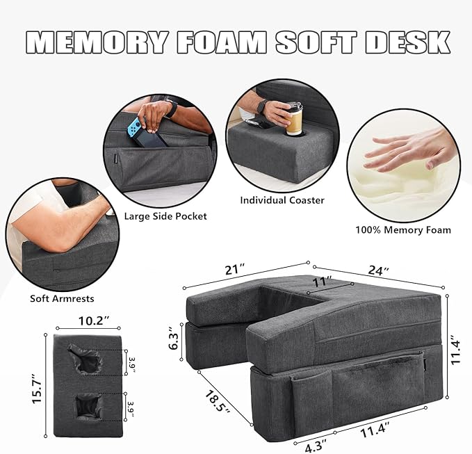 comehealthy Lap Desk Pillow for Laptop, Large Reading Pillow for Adult, Arm Rest Pillow with Cup Holder, Memory Foam Bed Desk for Working, Gaming, Reading, Laptop Desk for Couch Bed Floor(Grey)