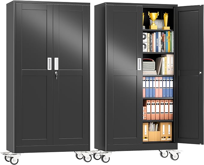 pozdeg 73.6" Metal Garage Storage Cabinets with Wheels, Lockable Rolling File Cabinets with 2 Doors and 5 Adjustable Shelves, Steel Tool Organizer Locker for Office Home Garage Gym School, Black