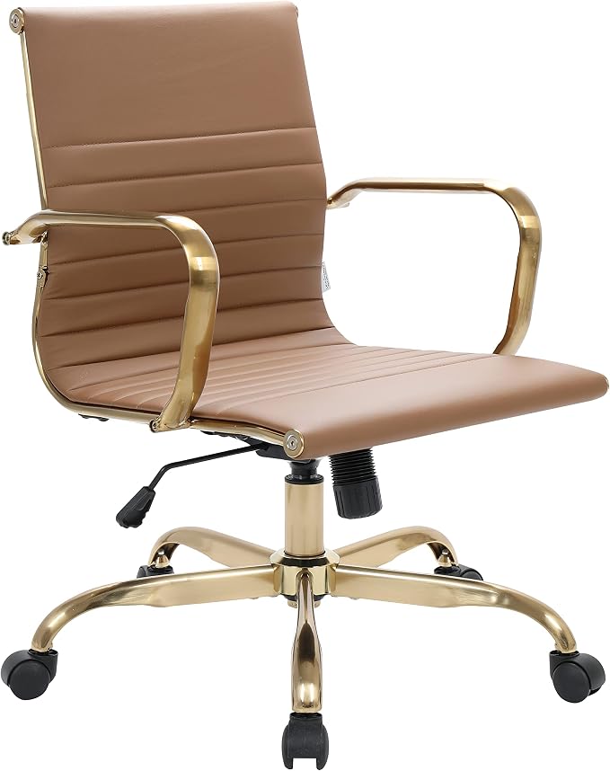 LeisureMod Harris Modern Ergonomic Executive Office Chair, High-Back Leather Conference Desk Chair with Adjustable Height, Tilt Control, 360° Swivel & Gold Frame for Home Office
