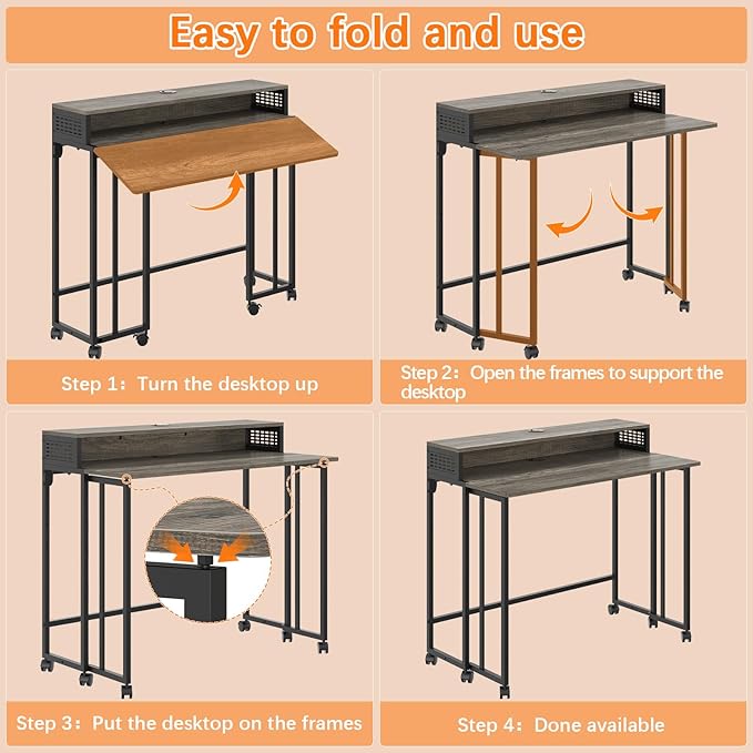 Gezen Folding Desk with Storage Shelf, Small Rolling Desk with Wheels, Mobile Sofa Side Table Bed Desk for Home Office Small Space, Dark Grey, 39.4"