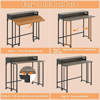 Gezen Folding Desk with Storage Shelf, Small Rolling Desk with Wheels, Mobile Sofa Side Table Bed Desk for Home Office Small Space, Dark Grey, 39.4"