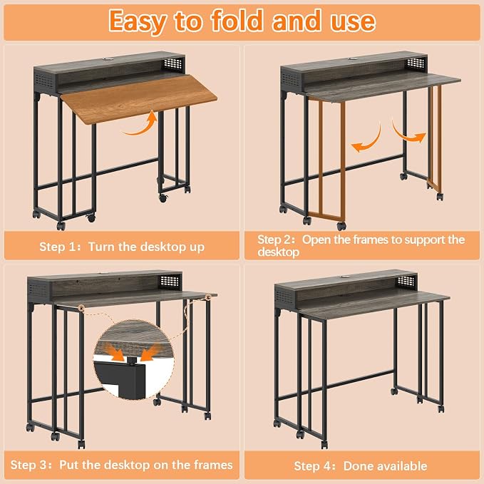 Gezen Folding Desk with Storage Shelf, Small Rolling Desk with Wheels, Mobile Sofa Side Table for Home Office Small Space, Dark Grey, 31.5"