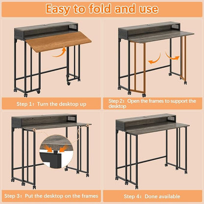 Gezen Folding Desk with Storage Shelf, Small Rolling Desk with Wheels, Mobile Sofa Side Table for Home Office Small Space, Dark Grey, 31.5"
