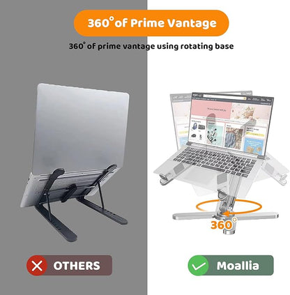 Moallia N86 360 Rotating Laptop Stand, Adjustable Height & Angle, Ergonomic Metal Riser for Desk Collaborative Work, Fully Foldable for Easy Storage, Fits All MacBook & Laptops up to 16 inches, Silver