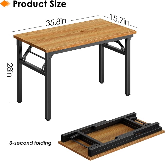 Need 35.8 Inch Folding Desk for Small Spaces, Home Office Computer Desk with Teak Wood Top & Black Frame, Foldable Writing Table for Study, Bedroom, Dorm Room & Student