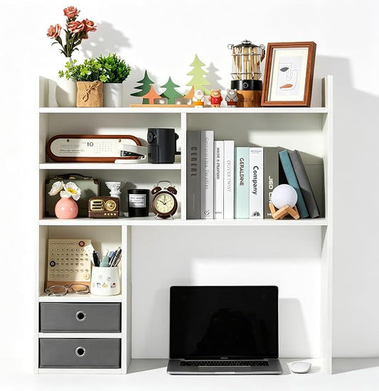 deli Desktop Bookshelf, High-Capacity Desk Hutch Organizer with 7 Shelves and 2 Drawers for Computer Desk, Desk Shelf Organizer for Dorm Office Home, White