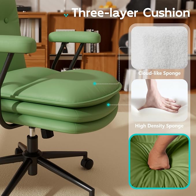 Sage Green Office Chair with Triple-Layers Thicken Wide Seat, Mid Back Leather Desk Chair with Wheels and Arms, Mid-Century Modern Computer Chair for Home Office