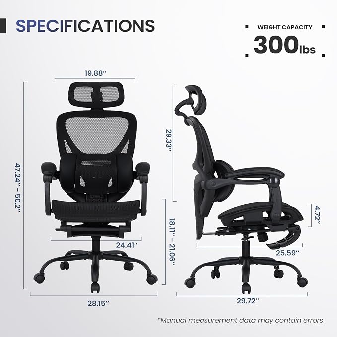 MALOL Ergonomic Mesh Office Chair with Footrest, Executive High Back Computer Desk Chair with 3D Adjustable Headrest & 5-Level Lumbar Support, Reclining Tilt Lock, 3D Arms, 300LBS Capacity, Black