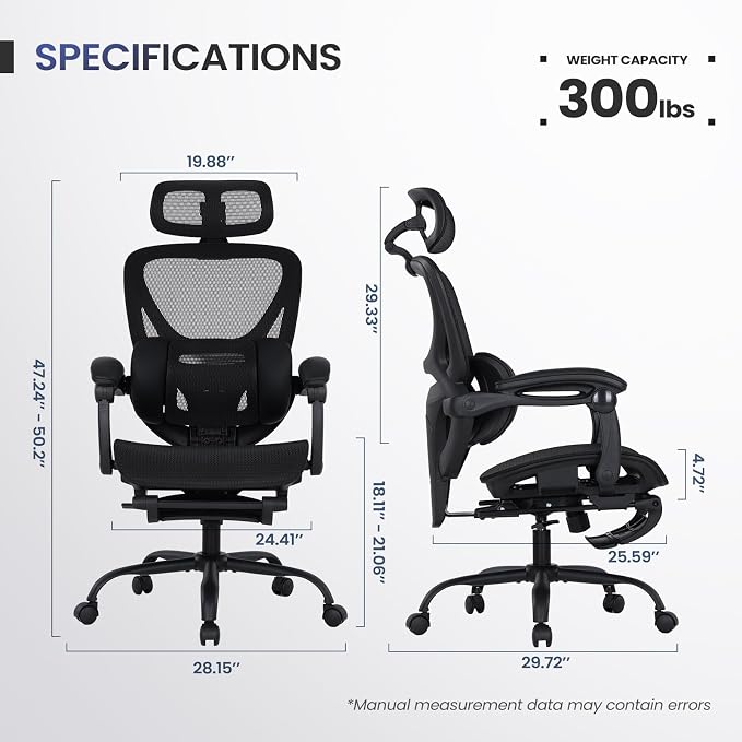MALOL Ergonomic Mesh Office Chair with Footrest, Executive High Back Computer Desk Chair with 3D Adjustable Headrest & 5-Level Lumbar Support, Tilt Lock, 3D Arms, 300LBS, Z-Black